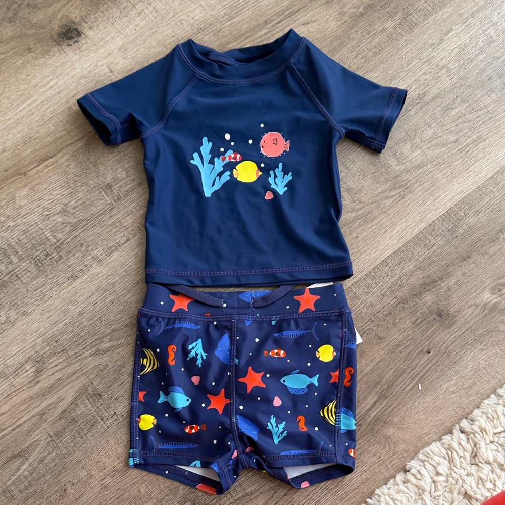 Tucker + Tate Navy Kids Rashguard Two-Piece Swim Set with Ocean Friends